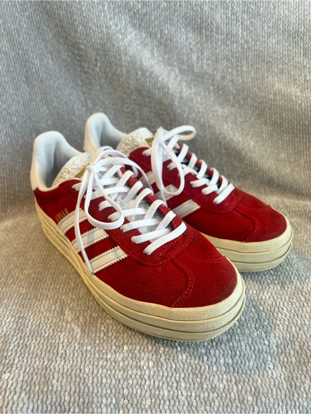 adidas Gazelle Bold Platform Sneakers | White Stripes | Red Suede | Cream Soles